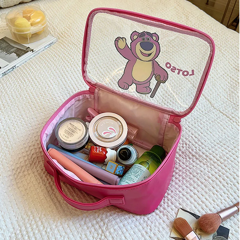 Anime Stitch Strawberry Bear Zipper Large Solid Color Cosmetic Bag Cute Makeup Bag for Women Travel Toiletry Bag Washing Pouch