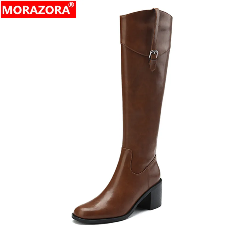 

MORAZORA 2024 New Size 33-40 Genuine Leather Women Boots Winter Autumn Knee High Boots Ladies Thick High Heels Shoes