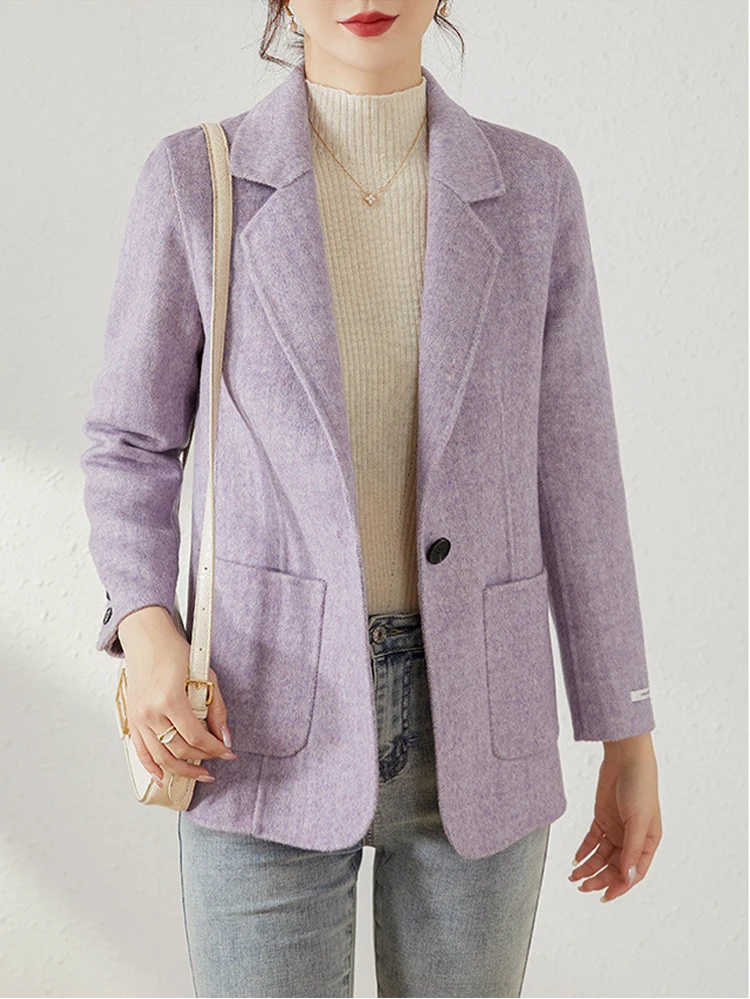 Women's Suit Collar Double-sided Cashmere Wool Coat 2024 Fall Winter Chic Ladies Single Button Loose 100% Woolen Blazer Jackets