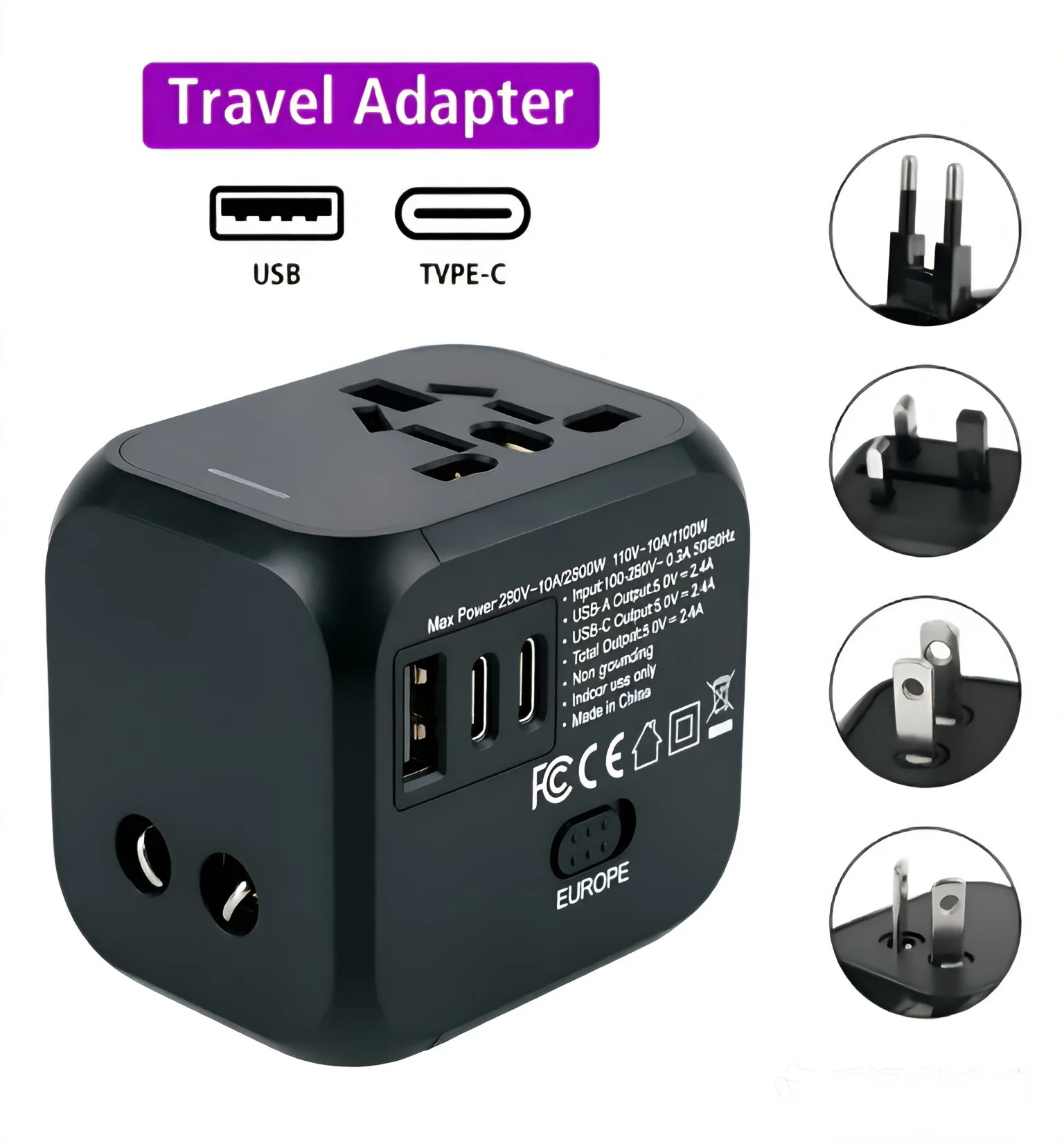 Universal All-in-One Wall Travel Charger Adapter with 1 USB And 2 Type C - Includes US EU UK AU Plugs for International Travel