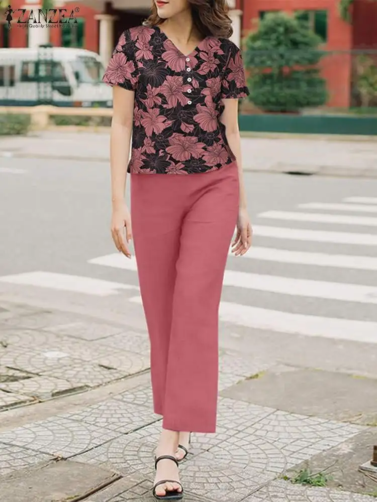 ZANZEA Bohemian Floral Print V Neck Top 2pcs Outfits Solid Elastic Waist Trouser 2024 Summer Casual Women Pants Suits Pant Sets