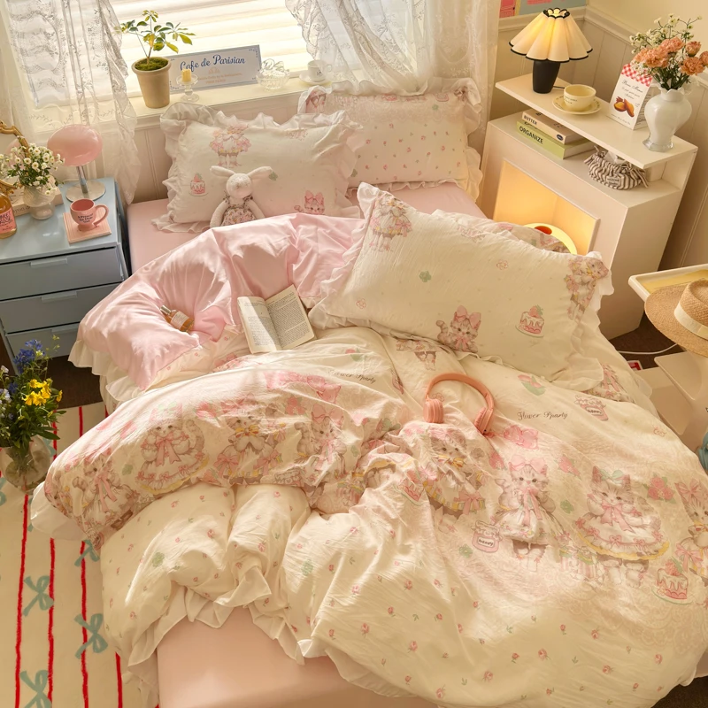 4Pcs  Floral Cute Single Double Queen Bedding Set Girls Princess Style Ruffle Duvet Cover Set Flat Bed Sheet Pillowcases