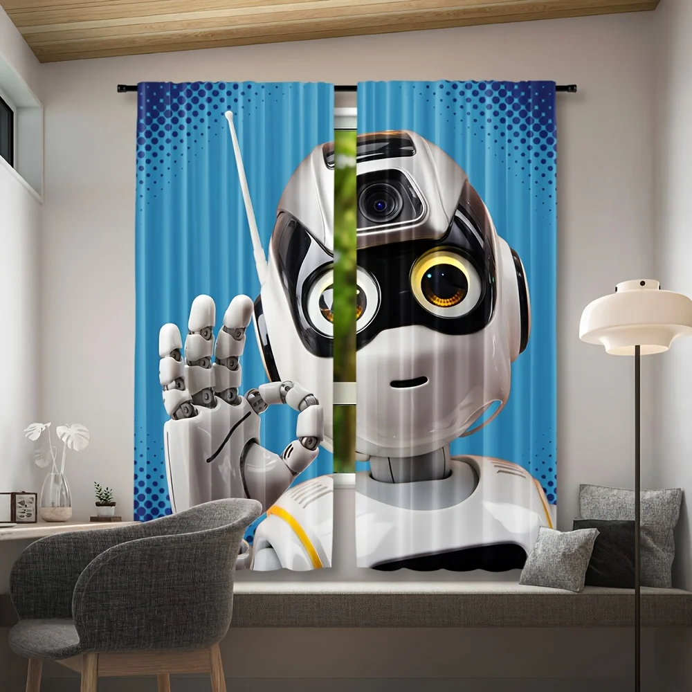 Cute Robot Print Curtains, Blue Sci-Fi Android Pattern Blackout Drapes for Kids Room Boys Futuristic Home Decor Window Treatment