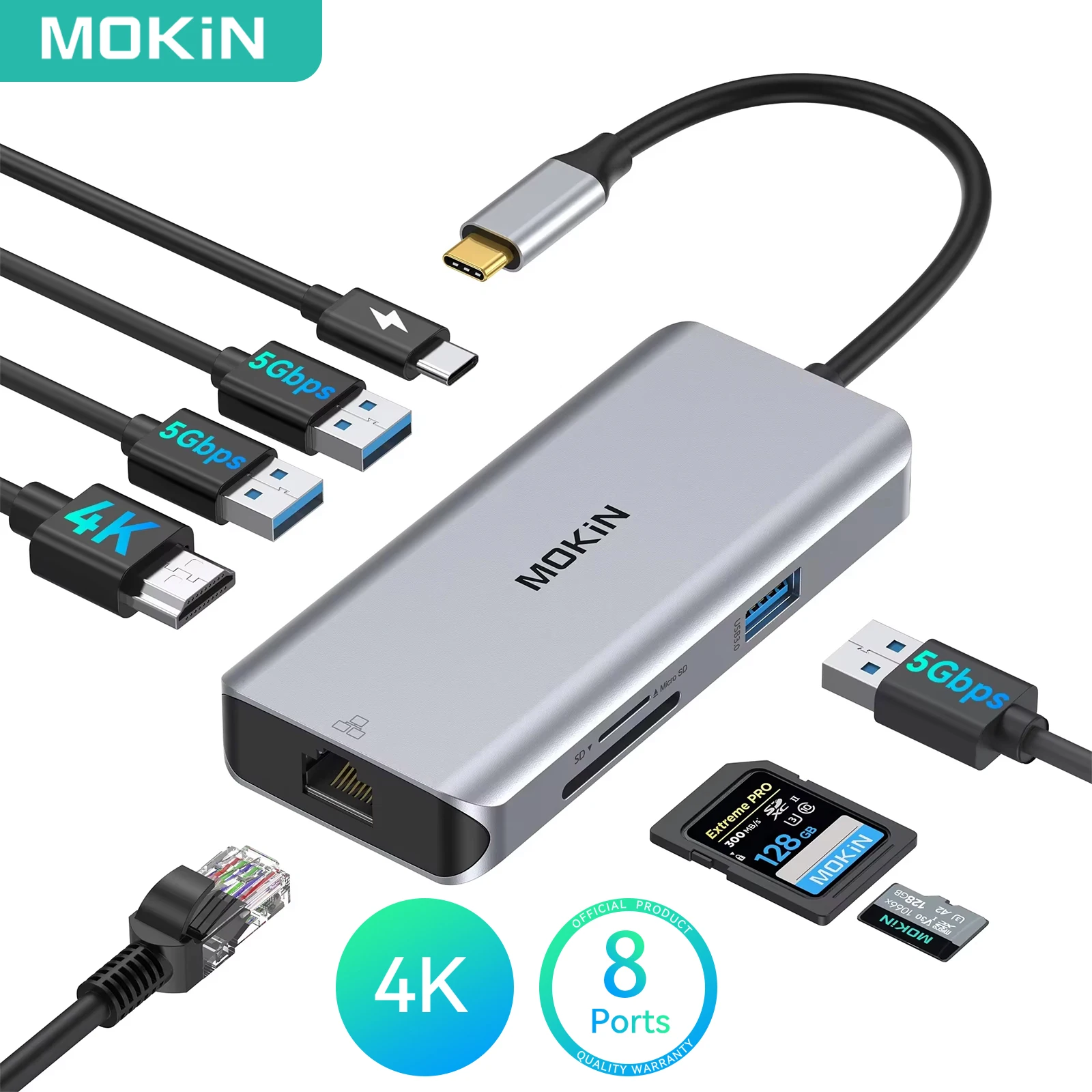 Adattatore HUB USB C a HDMI MOKiN 8 in 1 con USB3.0 1000Mbs RJ45 SD/Micro SD PD 100W Hub di ricarica rapida per laptop MacBook Pro/Air