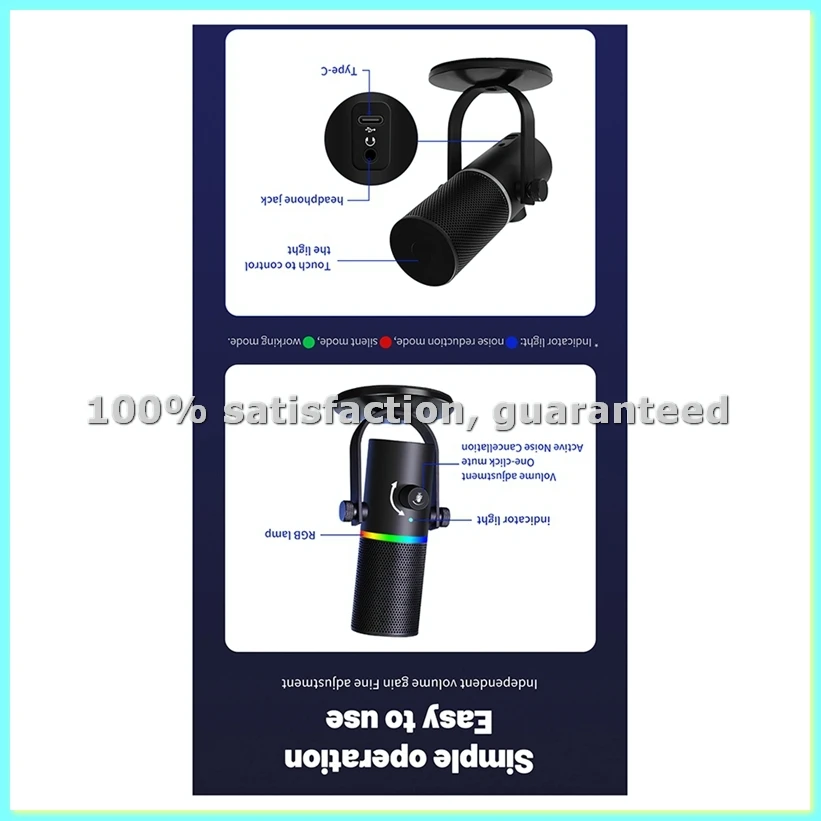 

Микрофон для студии звукозаписи и подкастов с RGB-подсветкой, шумоподавлением и кнопкой отключения звука, Type-C - ABFT