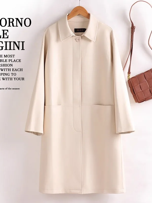 Women's Mid-Length Leather Coat eepskin Loose Fit Casual Sle Autumn New Arrival Faion Outerwear Long Sve  Collar