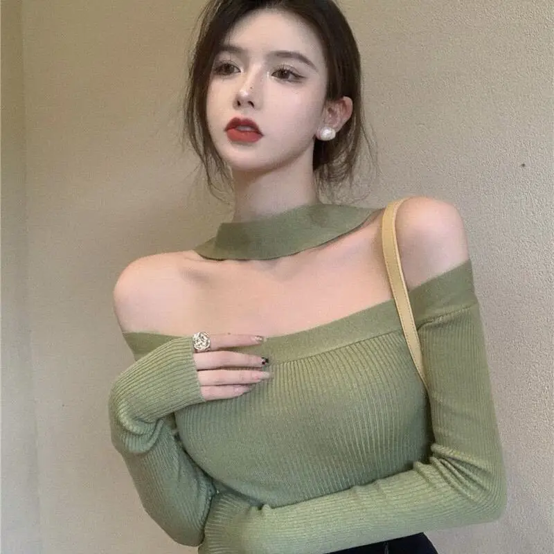 Vintage Knitting Short Tops Tees Spring Autumn New Long Sleeve Slash Neck Solid Slim Bottoming Shirt Sexy Fashion Women Clothing