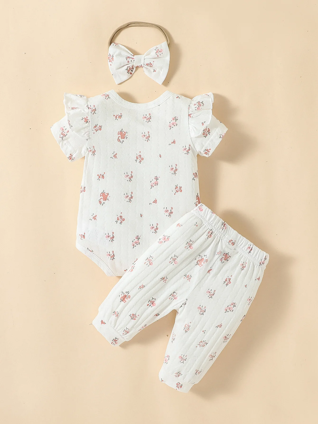 2pcs  Newborn Baby Girls Floral Short Sleeve Summer/Spring Soft Cotton Daily Pantsuit +Headband