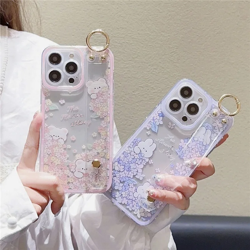 Korea Cute Flower Little Bear Wrist Strap Case For Samsung S10 S20 S21 S22 FE S23 5G NOTE20 ULTRA 10 Plus Stand Soft Cover