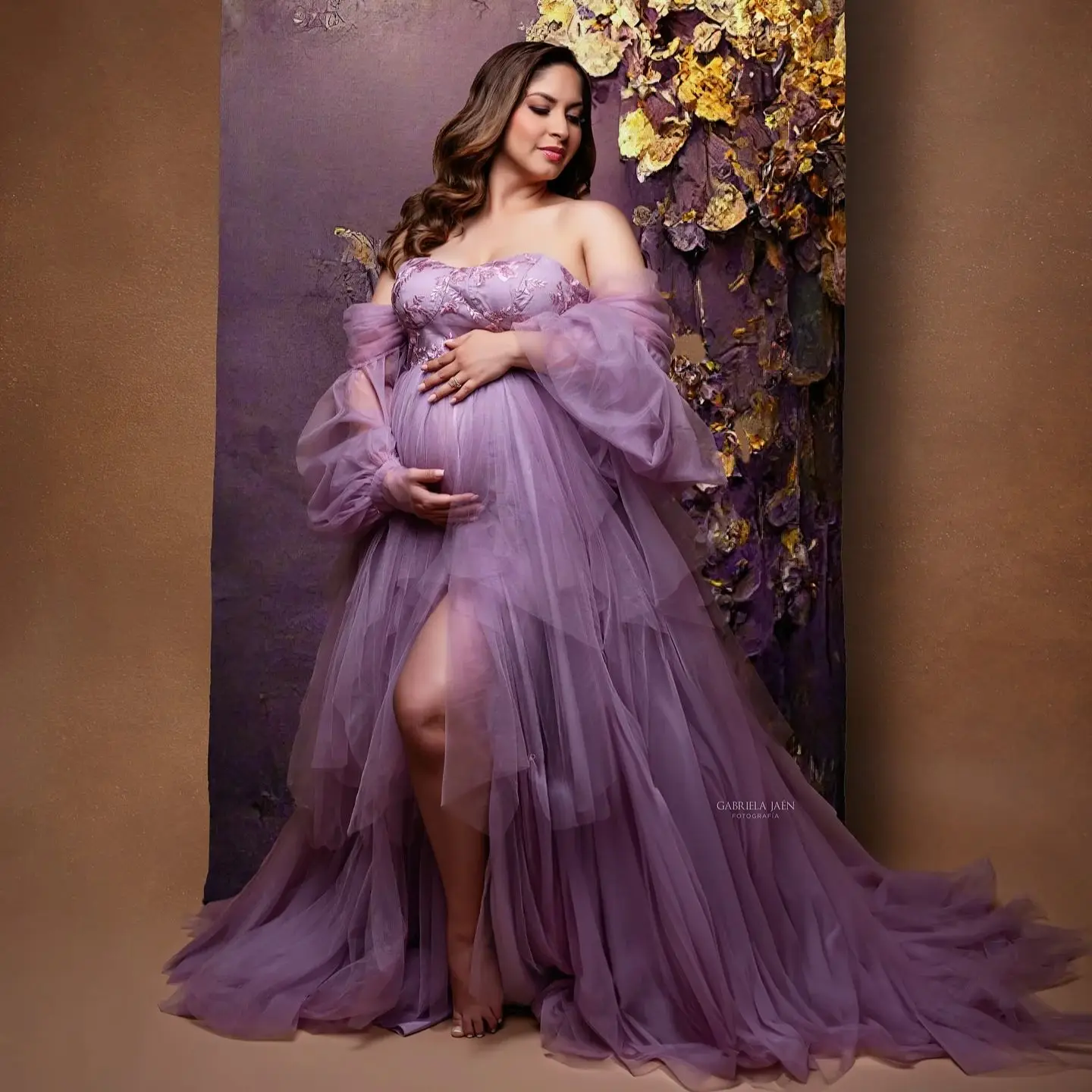 

Purple Maternity Dresses for Woman Ruched Vestidos De Fiesta Sexy Slit Lace Appliques Pregnant Gowns for Photoshoot