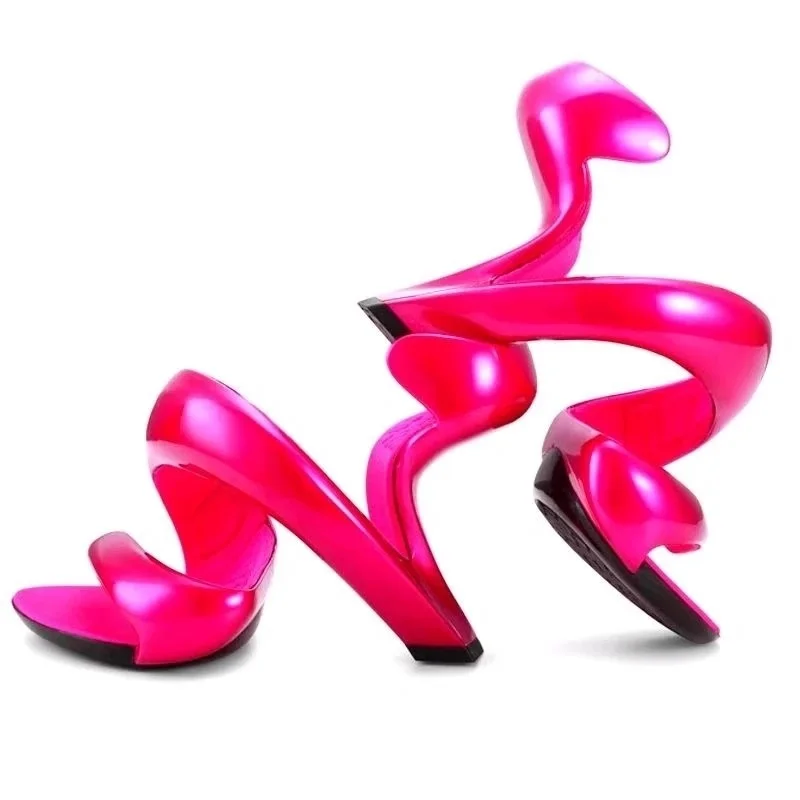 Serpentine Shaped Heels Sandals for Women Rose Red Bottomless High Heels Sexy Slippers Nightclub Fashion Snake Wrap Shoes
