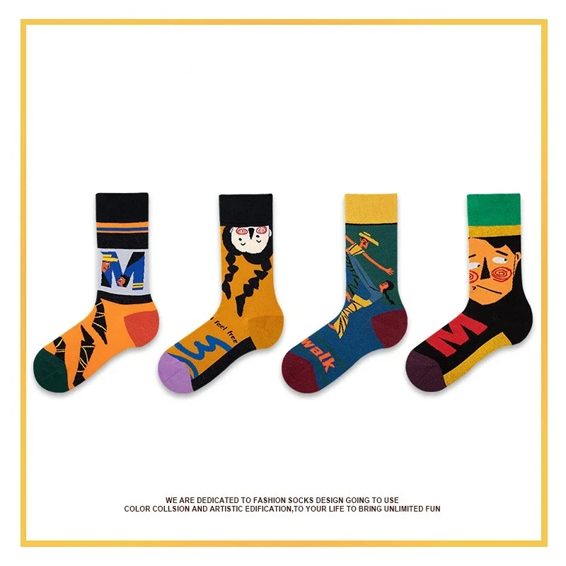 Famous painting European and American style in the tube men and women tide brand ins cartoon cotton socks