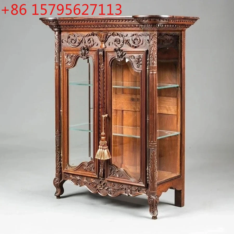 

European retro solid wood carving old entrance cabinet French engraving classical medieval glass display wine cabinet