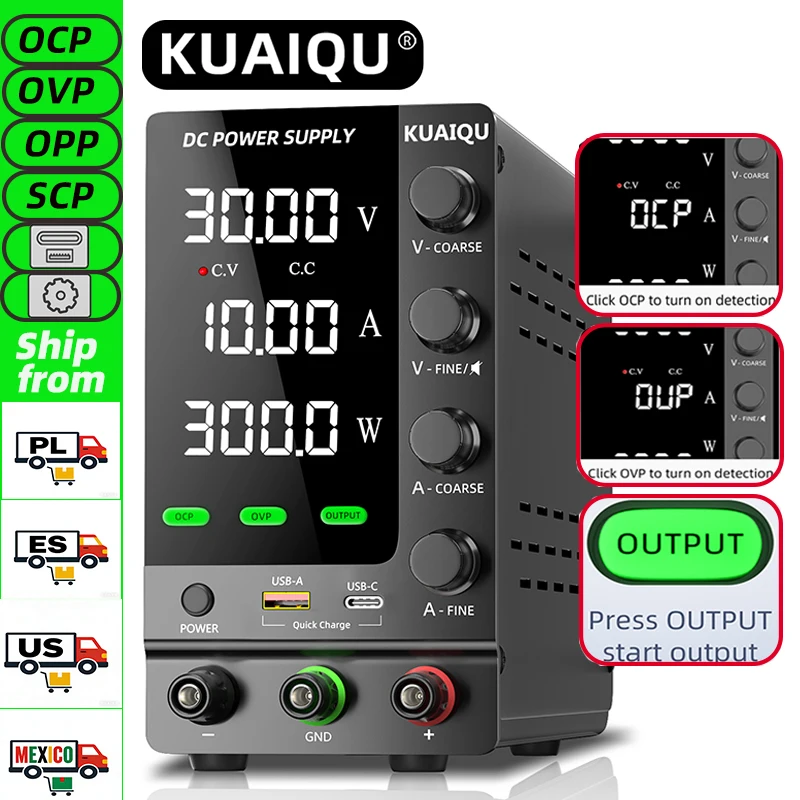 KUAIQU Aggiornamento Alimentatore CC a commutazione regolabile variabile 30V 10A Alimentatore da banco 60V 5A, Interruttore USCITA OVP OCP, SPS-C3010S