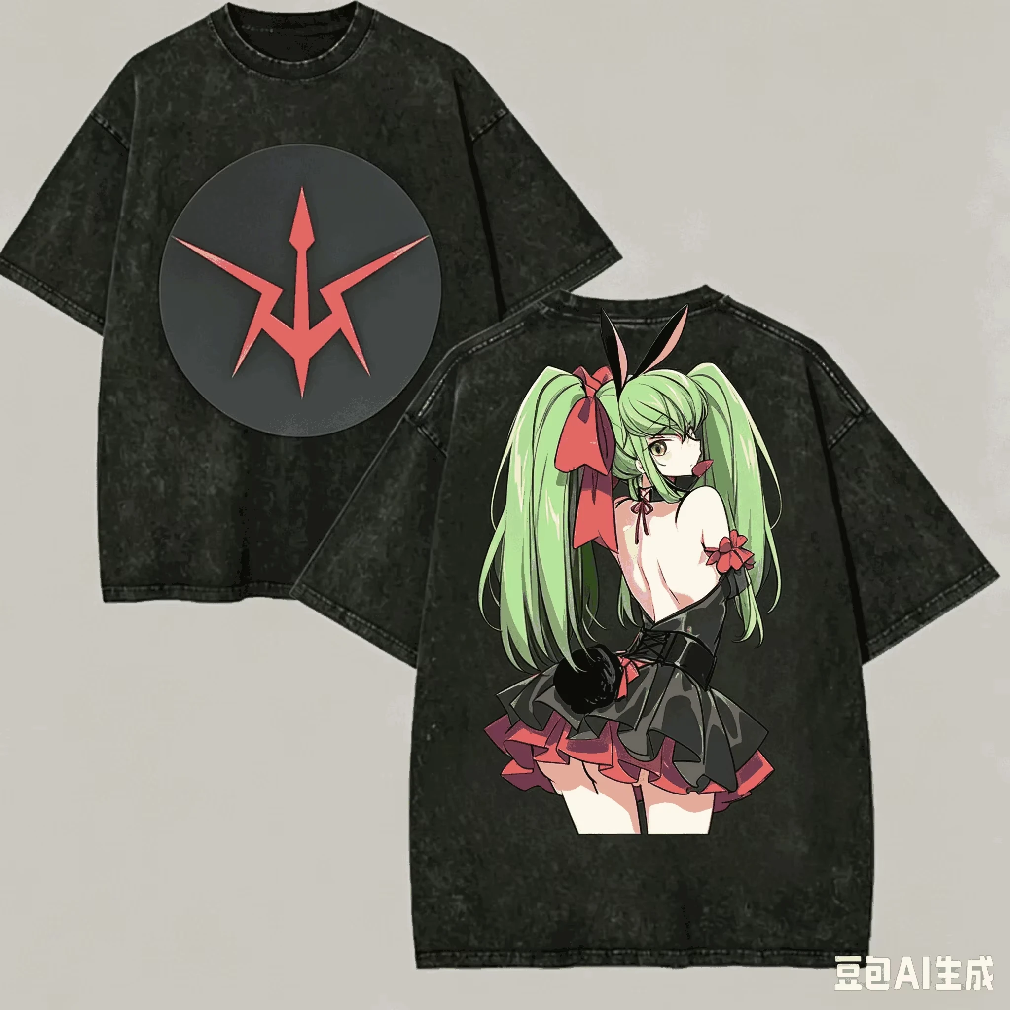 Vintage Washed Code Geass T Shirt Manga Double Sided Graphic Soft Cotton Crew Neck Short Sleeve Unisex Oversized Streetwear Tees