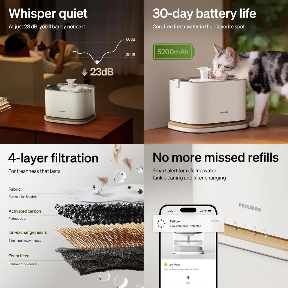 

Беспроводной фонтанчик для воды для домашних животных из нержавеющей стали 3L с управлением через приложение и Wi-Fi 5 ГГц для кошек и собак