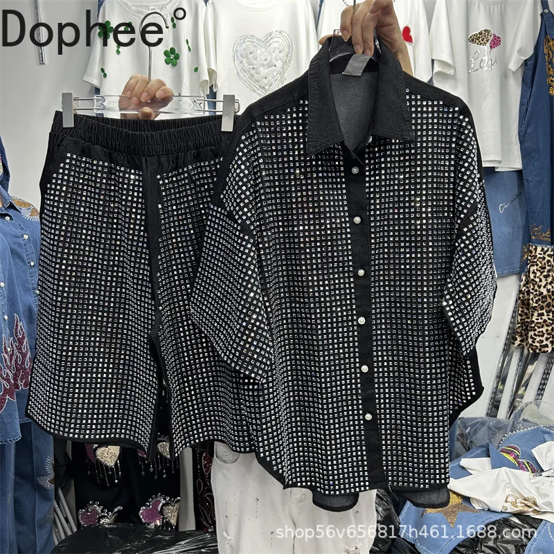 

Blingbling Rhinestone Beads Women Denim Sets Shiny Diamonds Loose Short Sleeve Shirt Coat + Elastic Waist Casual Wide Leg Pants