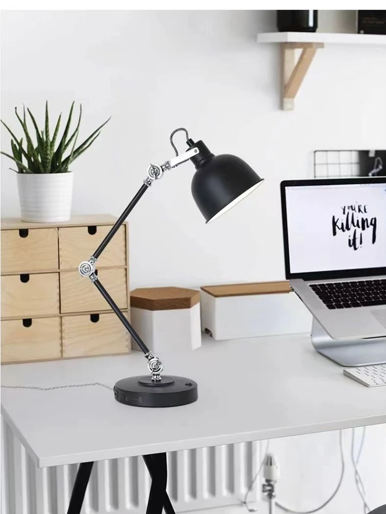 Imagem -02 - Lâmpada de Mesa de Metal com Braço Mecânico Retrátil e Rotativo Preto e Cinza Lâmpada de Leitura do Quarto Escritório Minimalista Abajur Nórdico