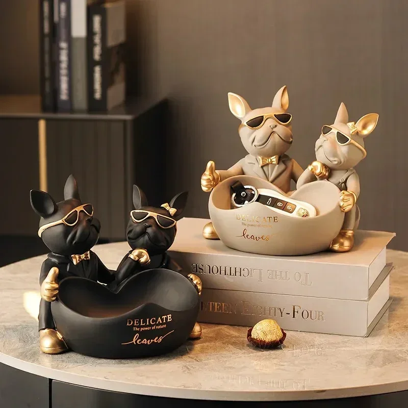 

Low Luxury Lover Bulldog Statue with Bowl Key Storage Box Jewelry Resin Home Decoration Dining Table and Office Table Decoration