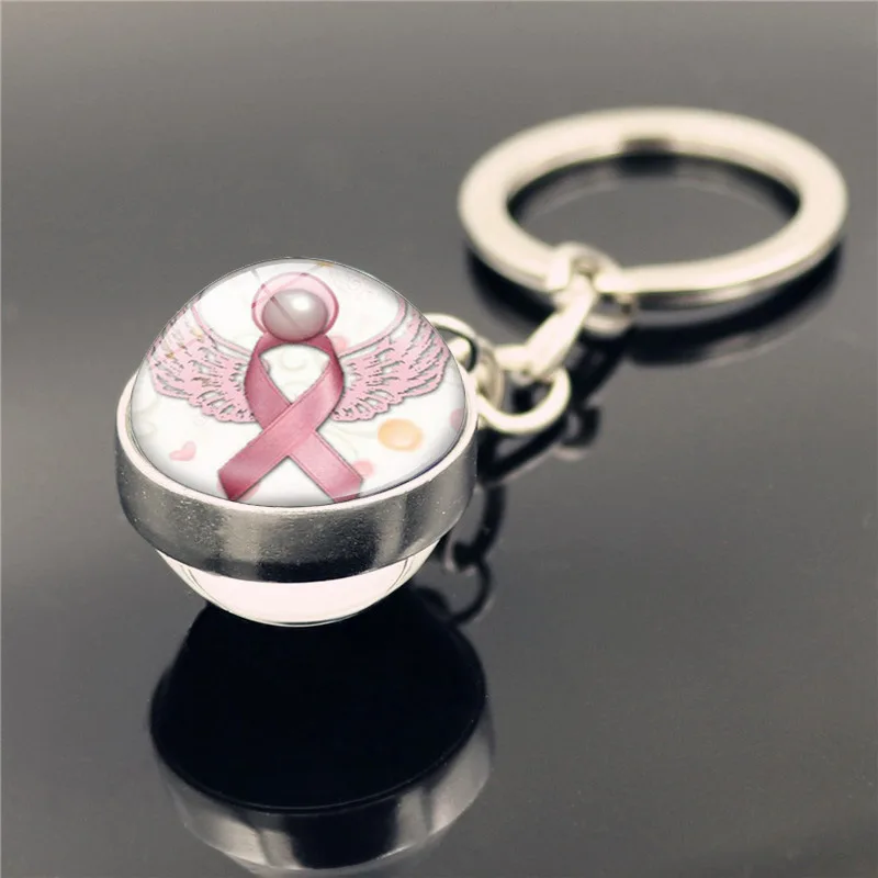 1 Pcs Pink Ribbon Breast Cancer Keychains Pendant Breast Cancer Awareness Charms Double Sided Glass Ball Pendant Metal Keyrings