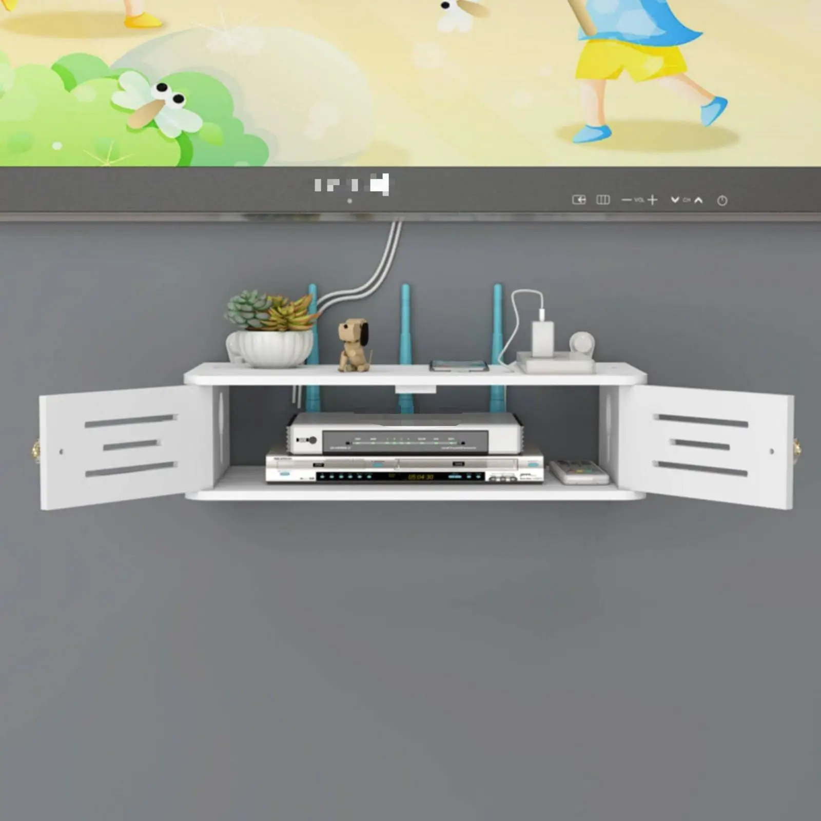 Floating Wall Shelf for Router Two Tier PVC Mounted Storage Box Wire Management Hook Design for Studio Apartment