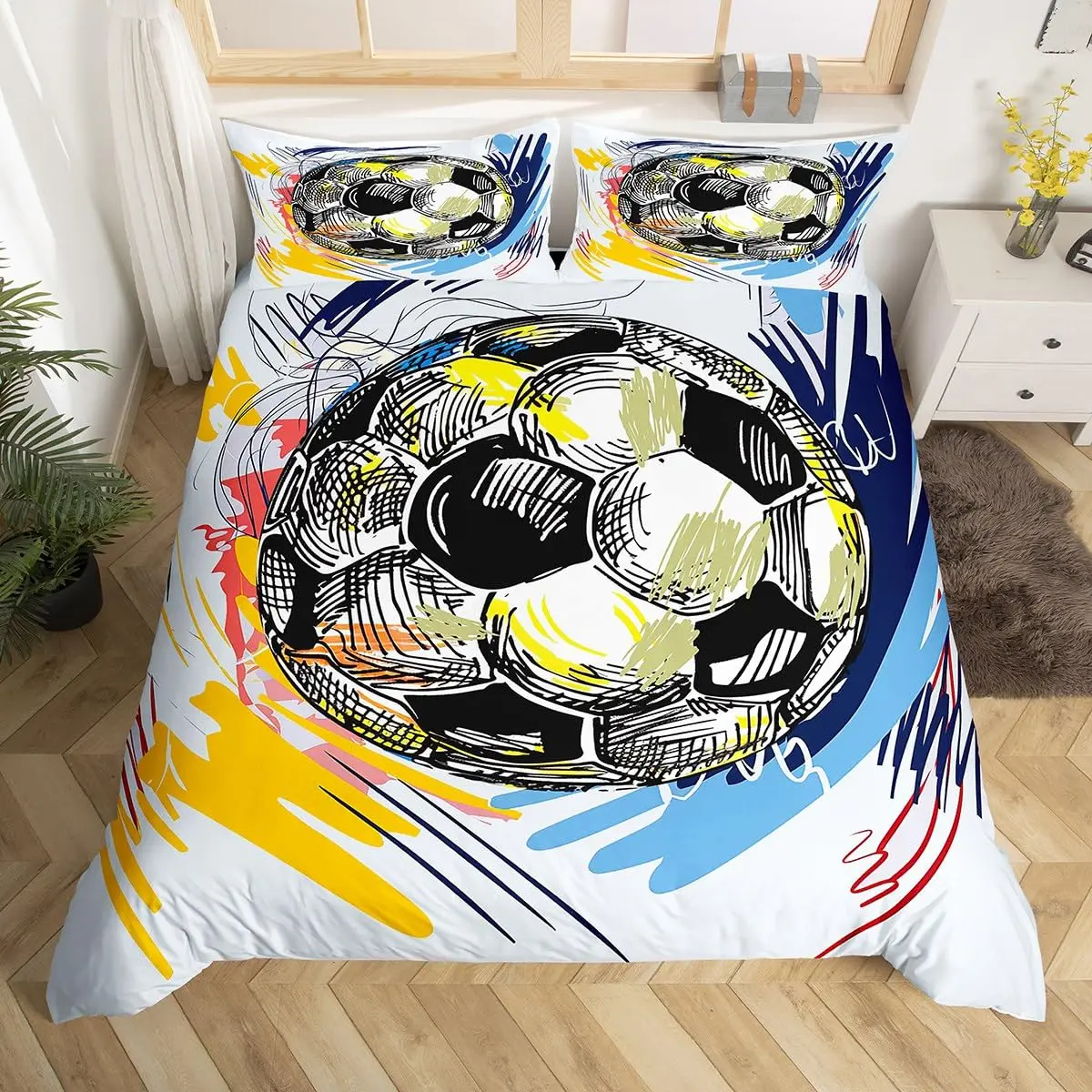 Kids Football Bedding Set Boys Girls Cartoon Soccer Duvet Cover, Black White Green Quilt Cover Goal Time Print Comforter Cover