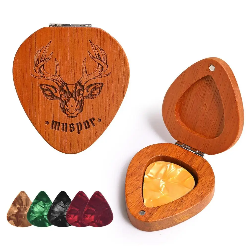 Guitar Pick Holder Wood Guitar Pick Holder Pick-Shaped Guitar Storage Container Display Case With 5 PCs Colorful Guitar Picks