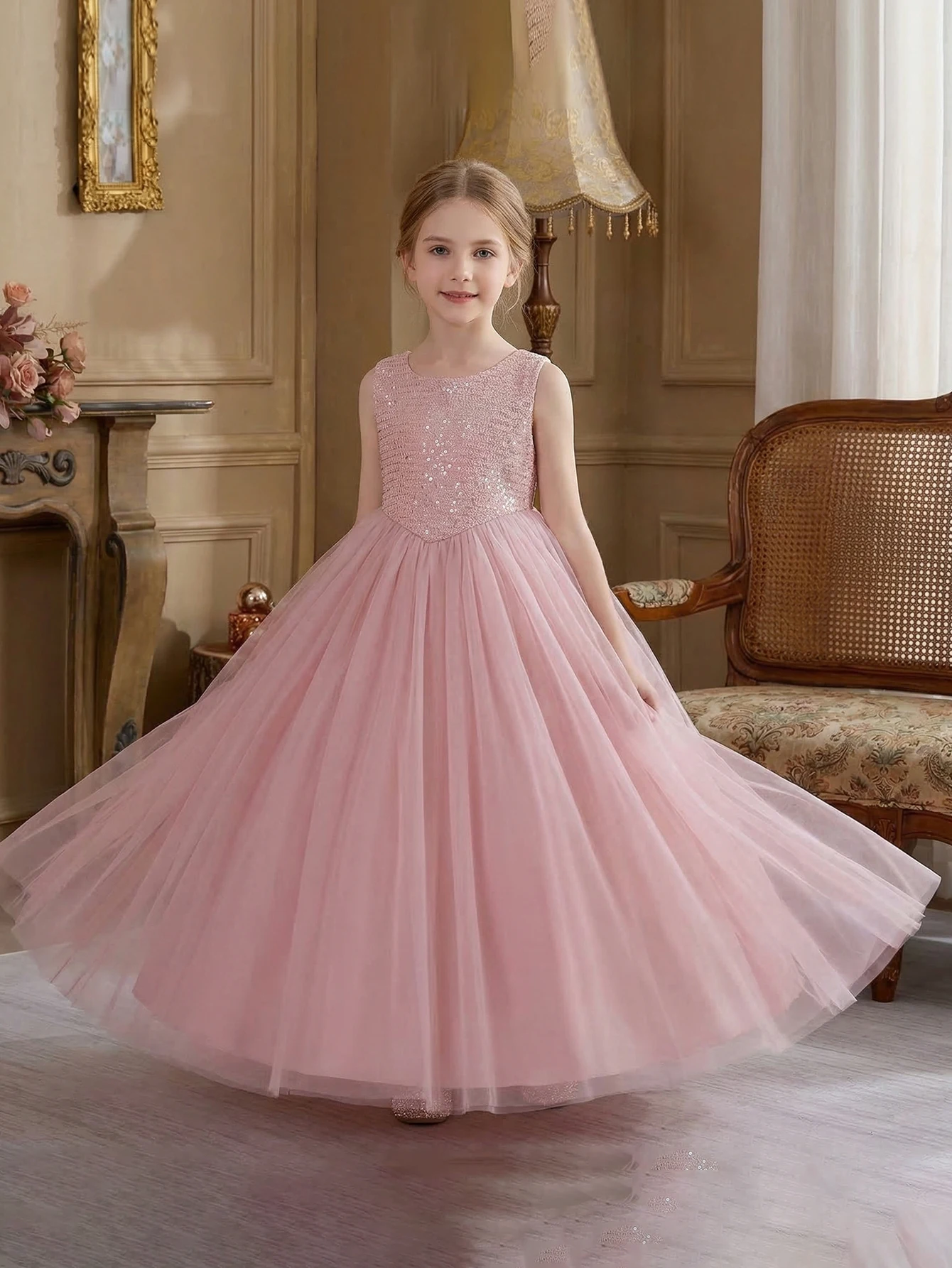 Elegant Pink Dress for Tween Girls, High-end Sequined Beaded,Sleeveless,Flower Girl Wedding Dress,A-line Skirt,long Tulle Dress