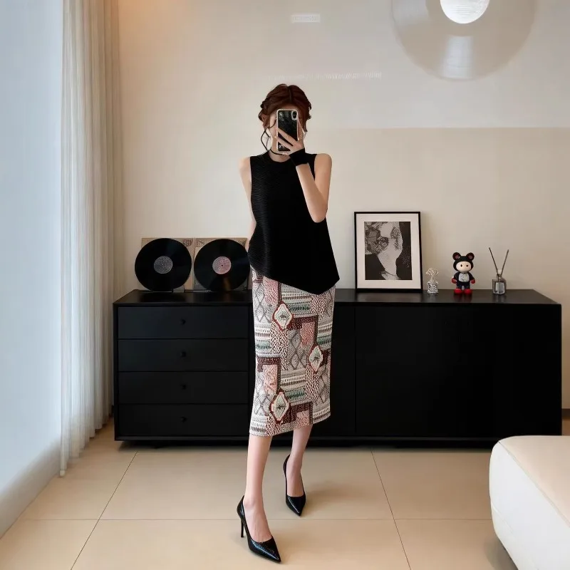 Miyake Pleated 2026 Summer New Original Vintage Printed Skirt Fashion Casual Retro Abstract Pleated Printed Comfortable Skirt