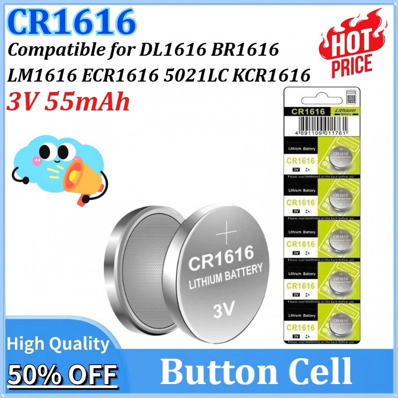 

CR1616 3V 55mAh Button Battery DL1616 BR1616 LM1616 ECR1616 5021LC KCR1616 CR1616-1W High Capacity for Car Keys Watch Remotes