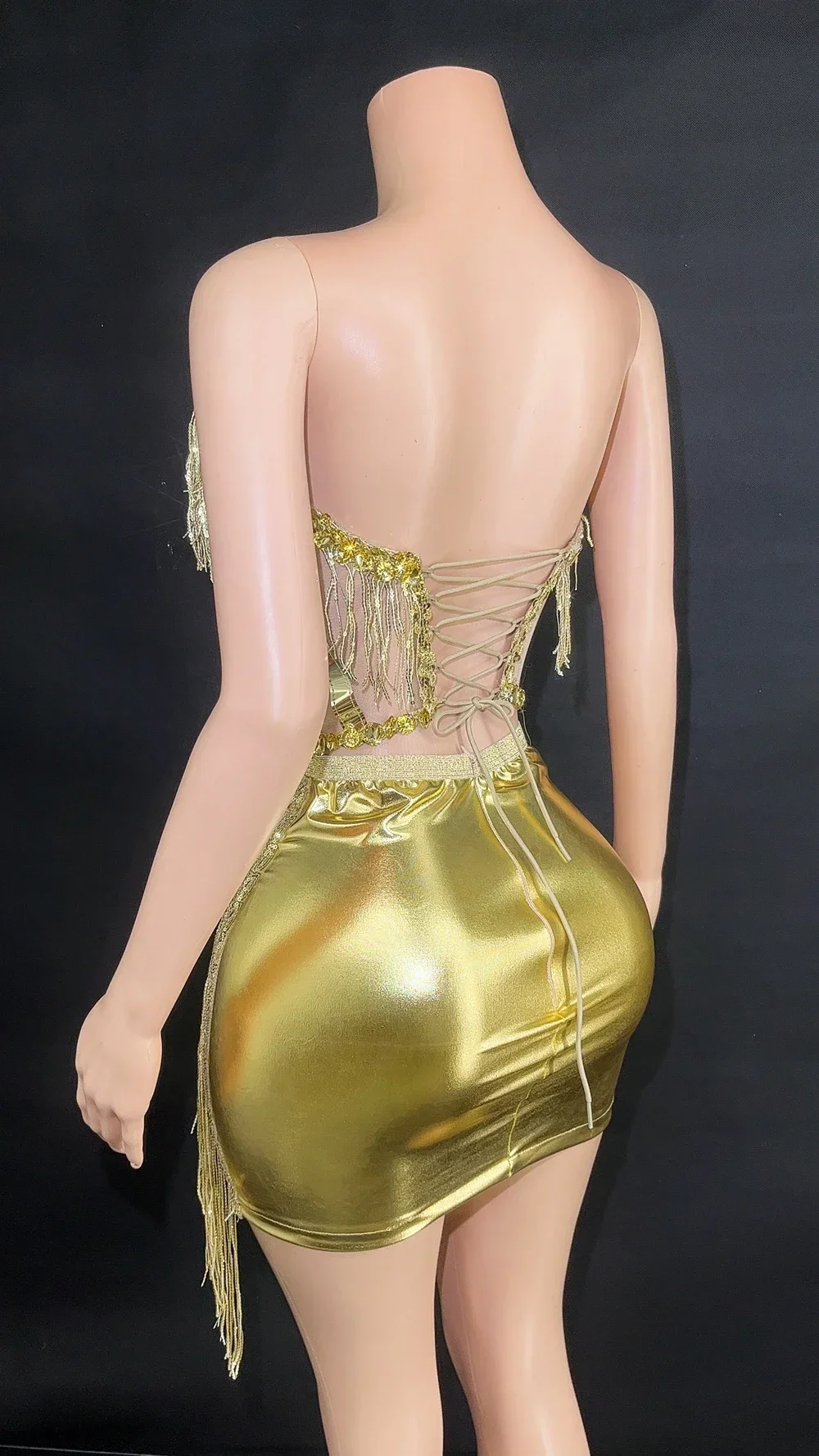 Gold Sequins Rhinestones Short Tube Bandage Dress Sexy Show Stage Wear Performance Dance Costume Party Birthday Dress