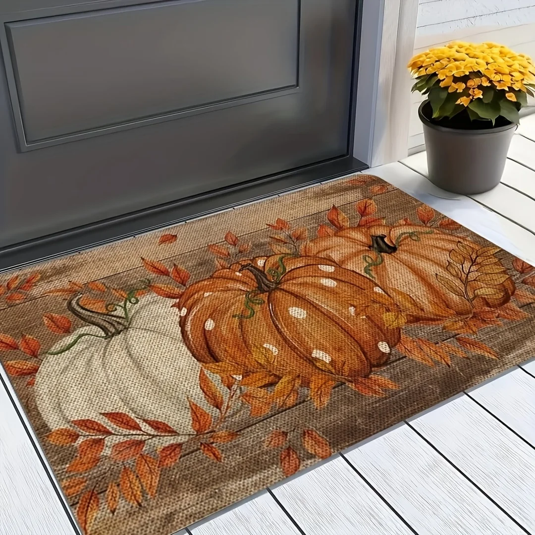 Vintage Pumpkin Autumn Door Mat Fall Harvest Leaf Print Indoor Outdoor Front Porch Welcome Doormat Home Entrance Decor Rug