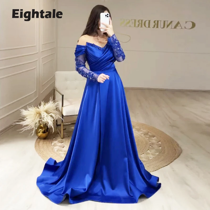 Eightale-vestido de noche azul real para boda, vestido de fiesta de satén con apliques de cuentas, manga larga, plisado, elegante, línea A, para graduación