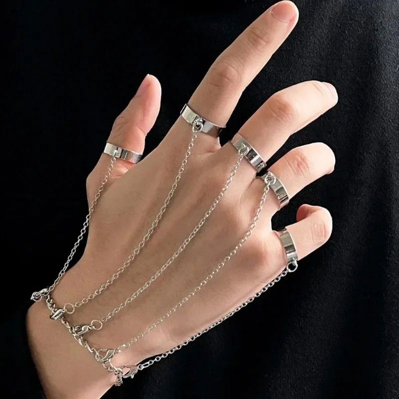Punk Geometric Silver Color ring with chain For Teens Charm Hip Hop Women Men‘s Finger Rings Fashion Chain Rings Set Jewelry