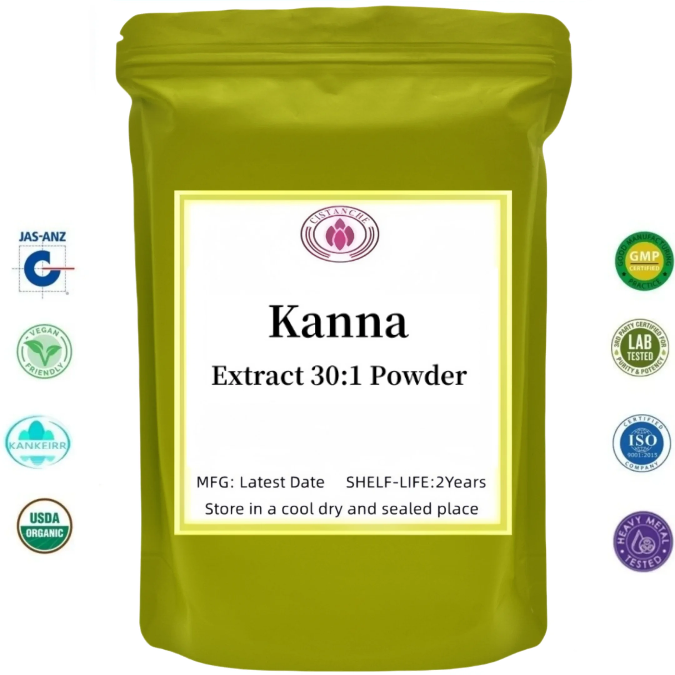 Embalaje personalizado KAN, 50g-1000g, extracto de Kanna-Kanna en polvo, paquete 30:1 de salida, bolsa de papel de aluminio para distribuidores rápidos a nivel mundial