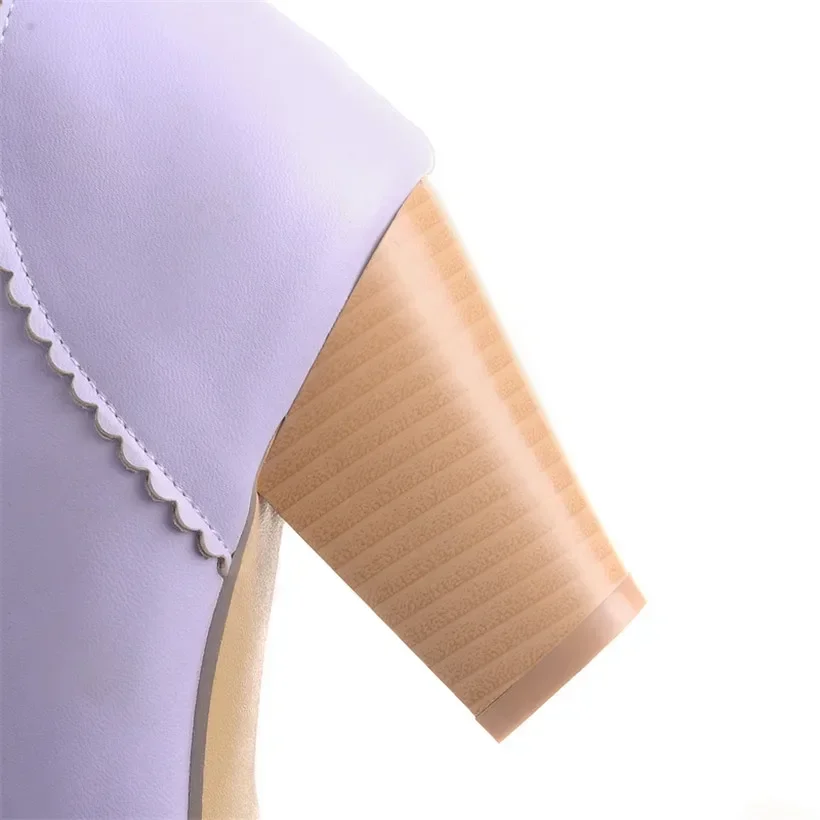 Winter Sweet Women Knee High Boots PU Leather Round Toe 7cm High Block Heels Bowtie Lace-up Lolita Lady Zipper Long Riding Boots
