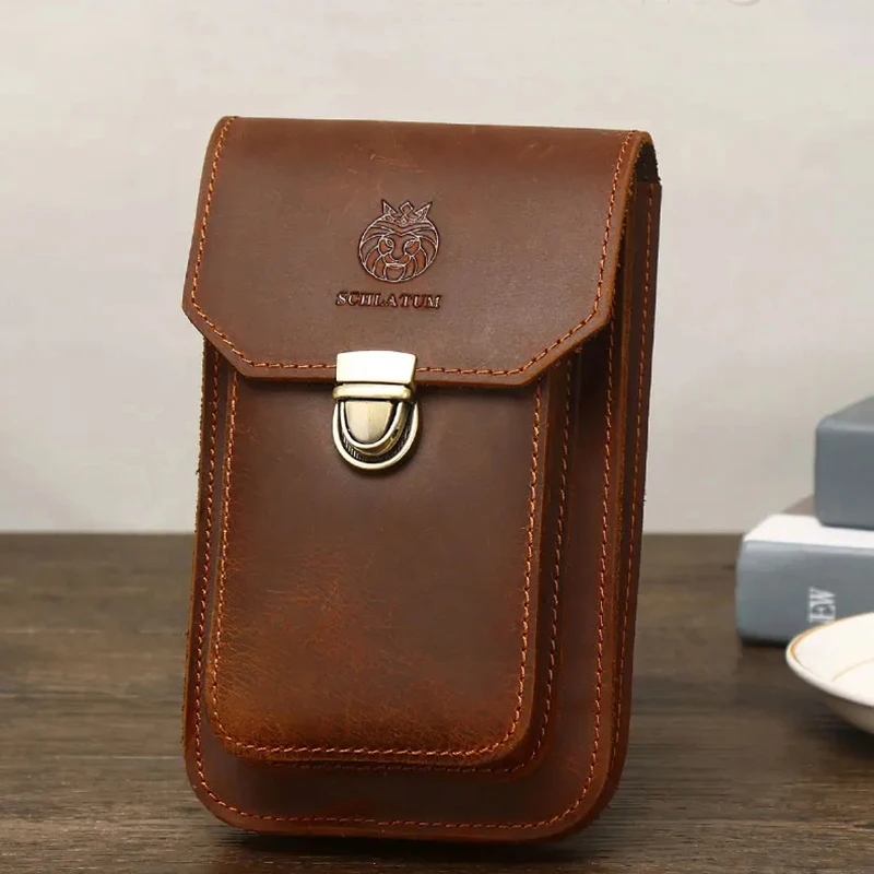 

LUKZIJAES Vintage Crazy Horse Genuine Leather Men Belt Bag Casual Waist Bags 6-inch Mobile Phone Pouch Fanny Waist