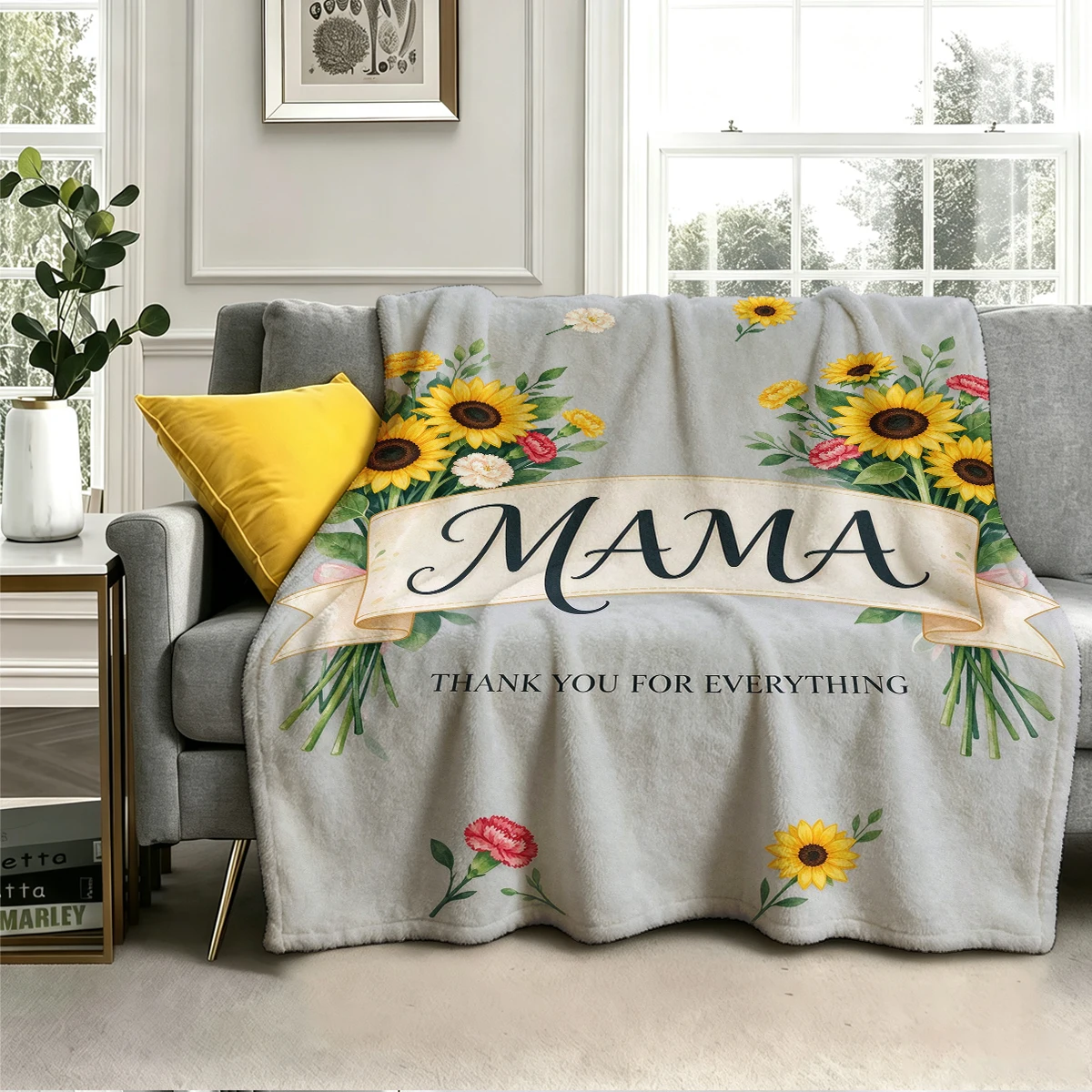 Mama Sunflower Ribbon Grey Cute Flannel Fleece Throw Blanket Soft Plush Bed Couch Cover Perfect Gift for Women Girls Kids
