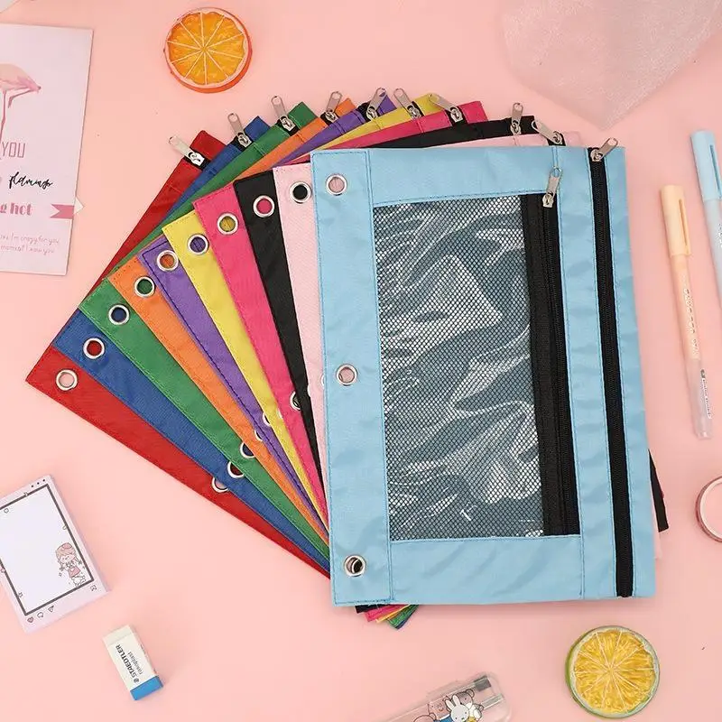 Double Zipper Pen Bag 3 Rings Binders Pencil Case File Bag Pencil Box For Erasers Rulers Markers Storage