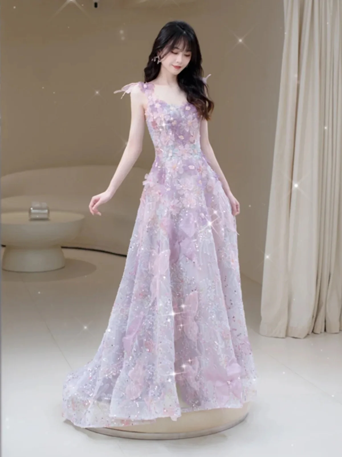 

Purple Heavy Work Evening Gown Women's New 2026 Luxury Host High-End Birthday Fairy Princ Dr Ele Long Skirt