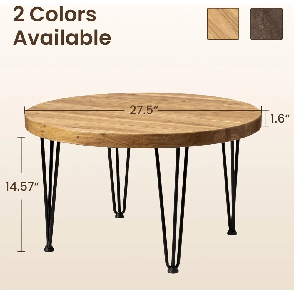 Round Coffee Table - Elm Wood Nesting Table with Metal Legs & Non Slip Feet Base - Rustic Nesting End Tables for Living Room Be