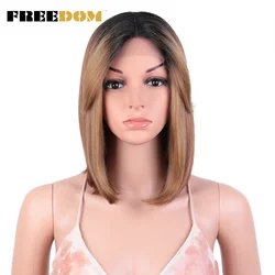 FREEDOM Synthetic Lace Front Wigs Straight Short Bob Wig With Bangs Ombre Blonde Blue Lace Wigs For Black Women Cosplay Wigs