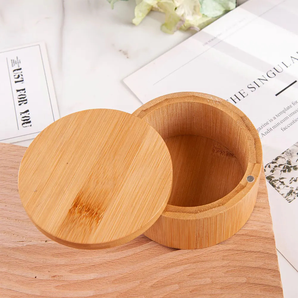 Bamboo Salt Cellar with Magnetic Swivel Lid Kitchen Round Salt Container Salt Box to Store Pepper Spice Bath Salt Sea Salt Herbs