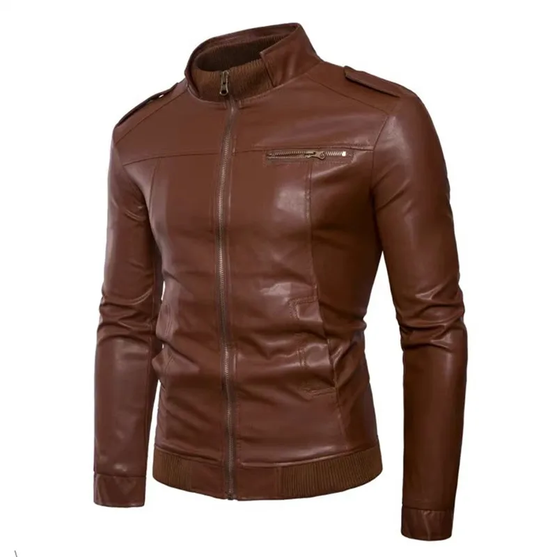 Primavera outono jaqueta de couro do plutônio dos homens sólida moda fino ajuste gola motocicletas outerwear masculino moto biker casacos de couro homem