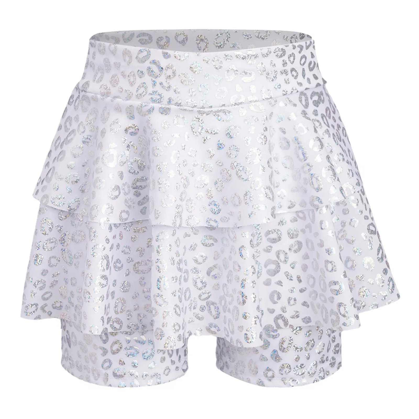 

Kids Girls Metallic Leopard Printed Jazz Dance Culotte High Waist Elastic Waistband Skirted Shorts for Cheerleading Performance