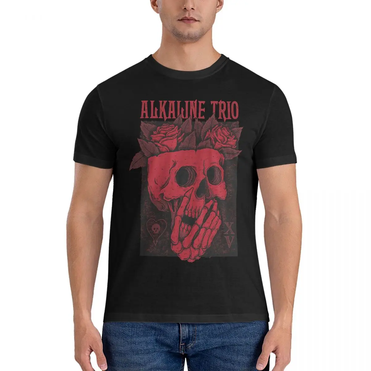 Novelty PUNK Rose Skull T-Shirt Men Crew Neck Cotton T Shirts Alkaline Trio Short Sleeve Tees Printed Clothing