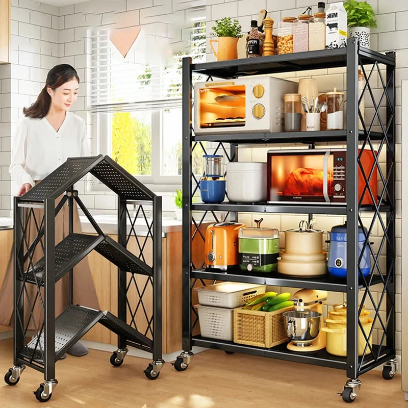 Foldable Installation-free Kitchen Storage Racks Floor Multi-layer Storage Rack Movable Multi-functional Balcony Storage Racks