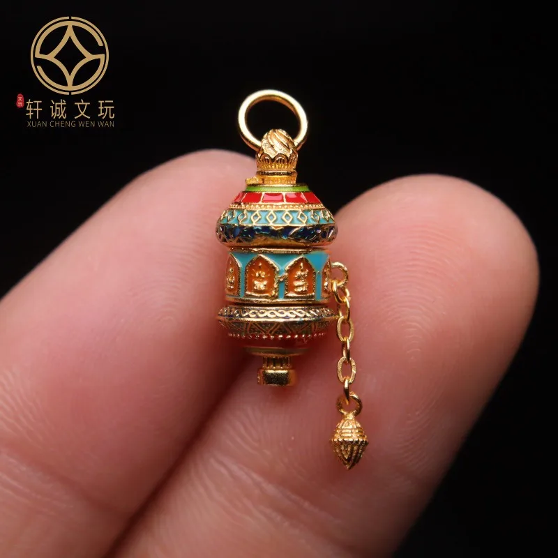 Tibetan Original 925 Silver Gold Plated Hand Painted Formless Buddha Rotatable Prayer Wheel Charms DIY Meditation Craft Jewelry