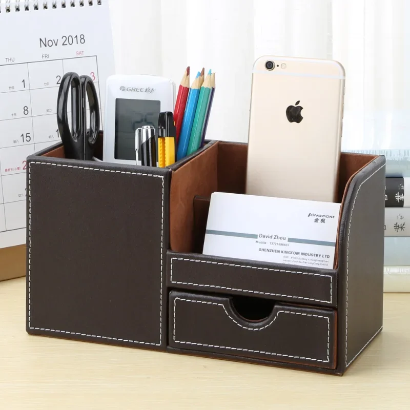

Home Office PU Leather Pen Holder Desk Stationery Organizer Storage Box Name Card Cell Phone Remote Control Storage Sorting Box