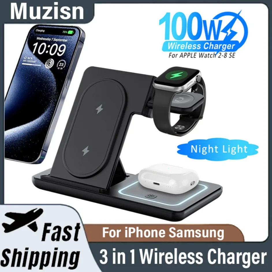 

Беспроводное зарядное устройство 3 в 1, ночная светодиодная подставка для iPhone 16, 15, 14, 13, 12, Apple Watch SE Airpods Pro, складная станция для быстрой зарядки